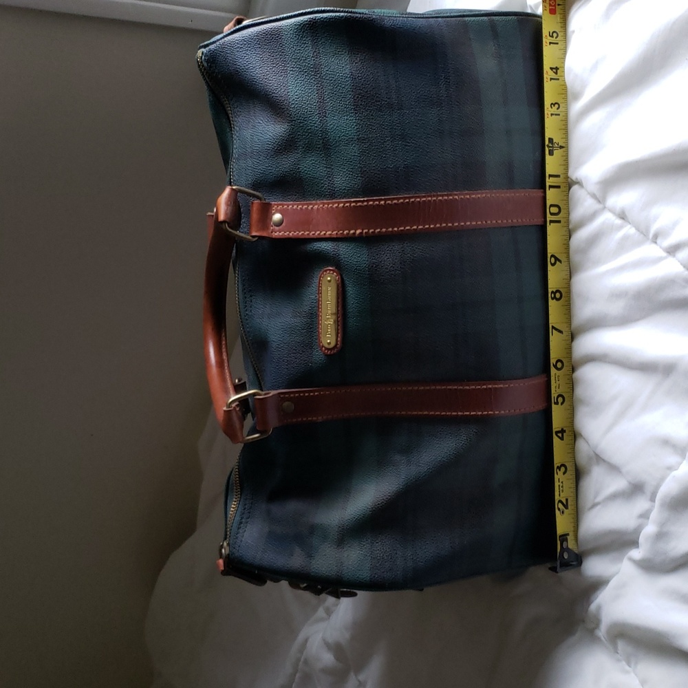 Vintage all-weather leather bag Polo by Ralph Lauren. Green and blue plaid.
